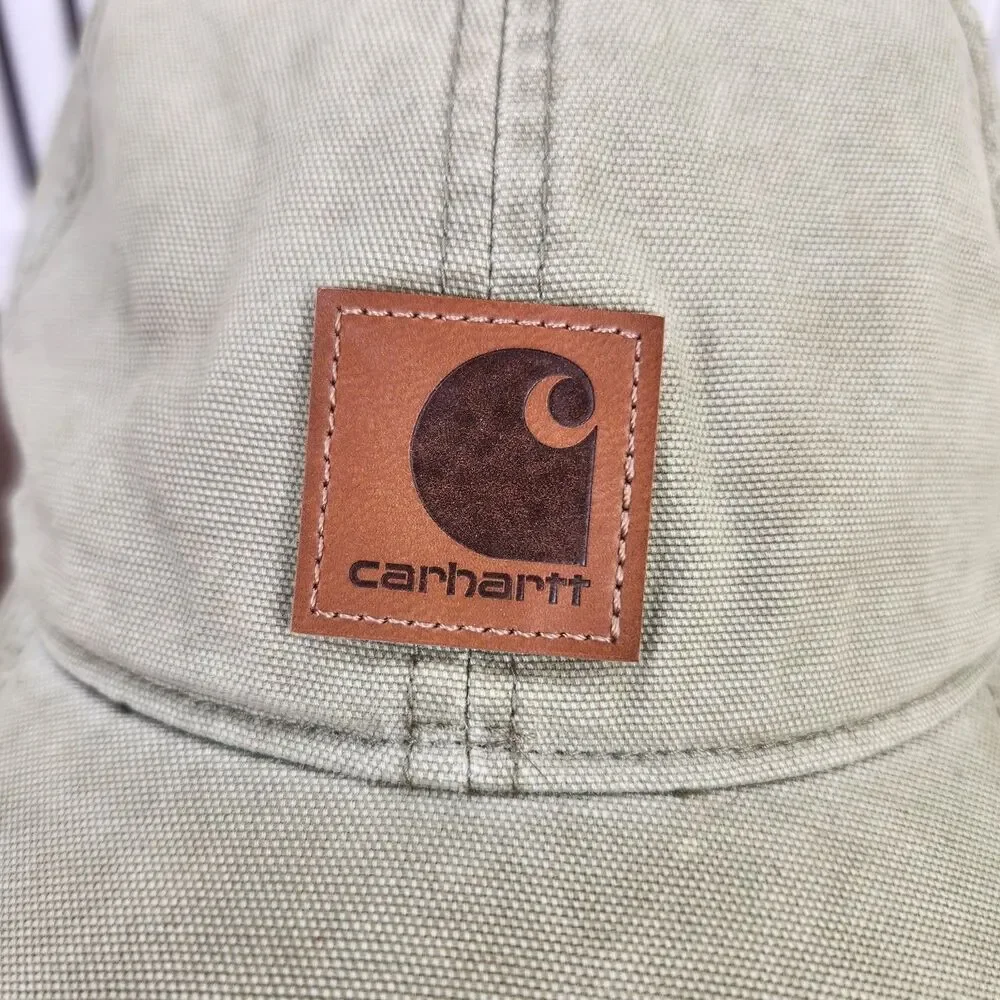 Carhartt Canvas Dad Hat Leather Patch Strapback Green Workwear Cap Casual Adult
